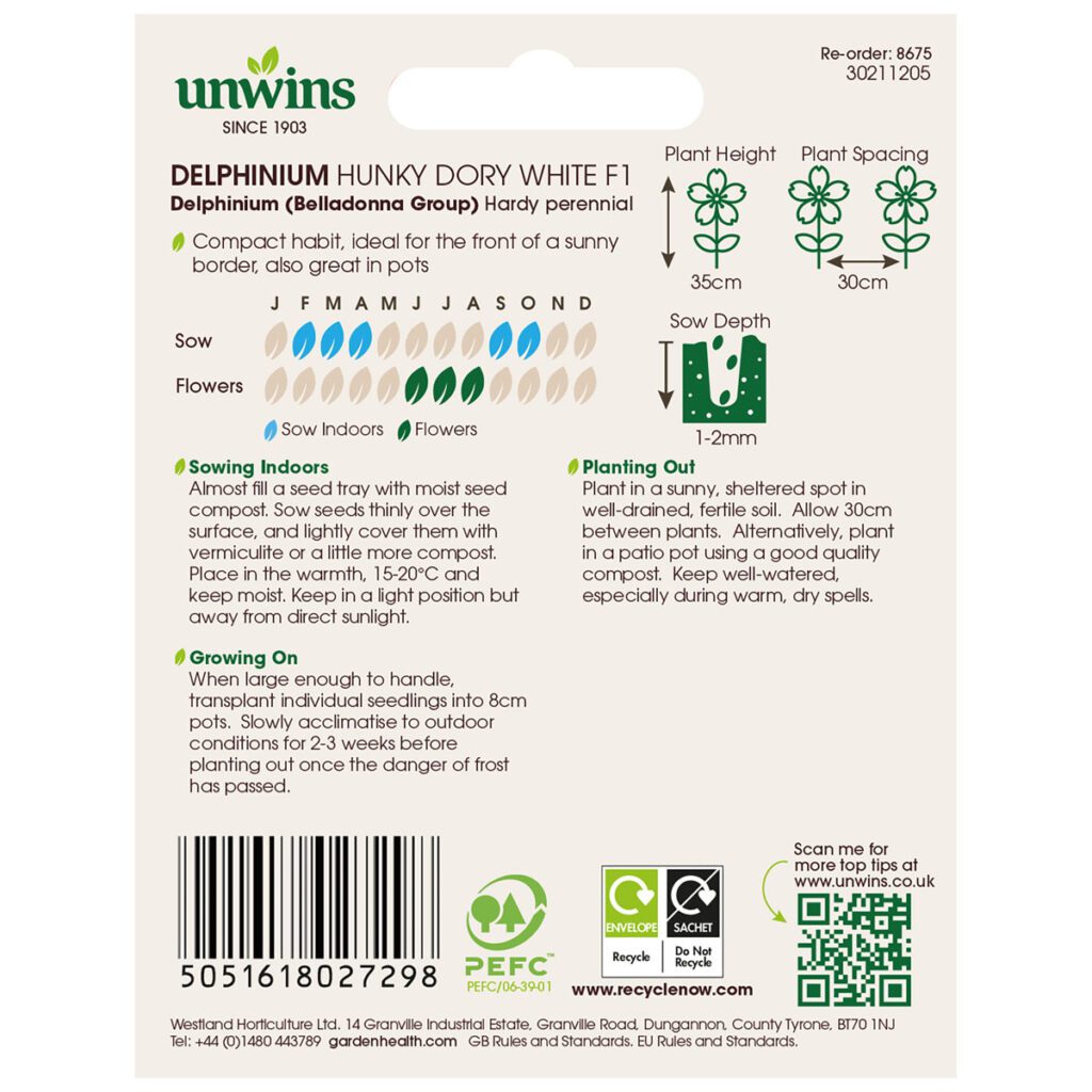 Unwins Delphinium Hunky Dory White F1 Seeds 5051618027298 2